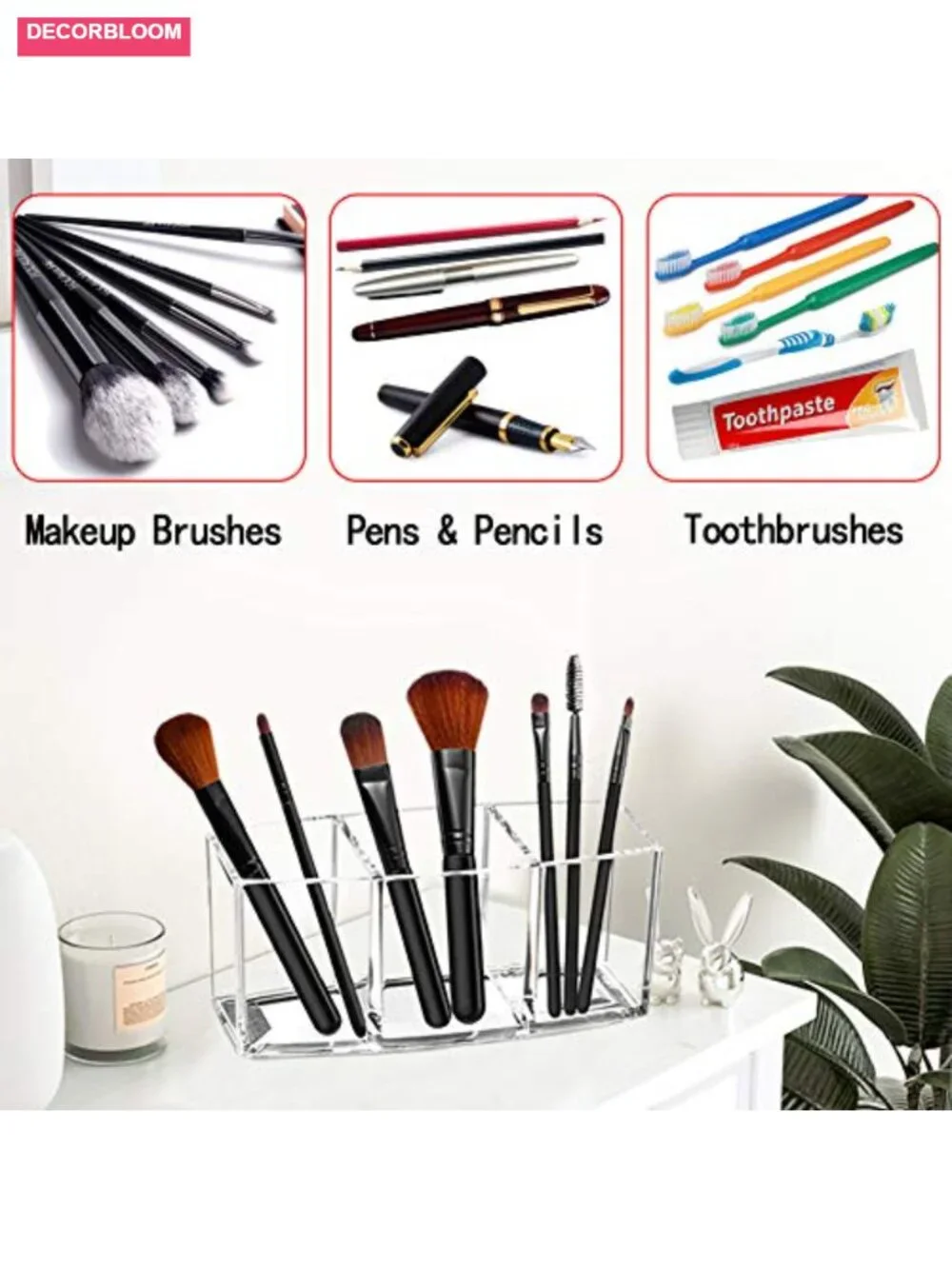 Acrylic Makeup Brush Organizer Holder Clear Cosmetic Storage with 3 Slots